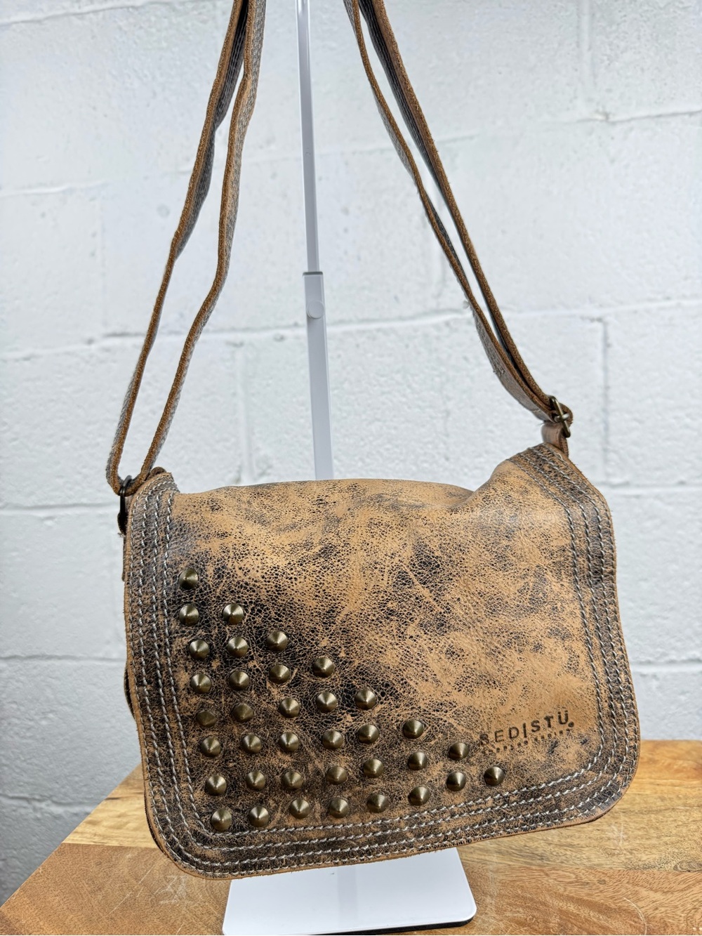 BEDISTU Distressed Leather Studded Flap Crossbody Bag Rustic Brown